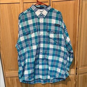 Columbia Men's Teal and White Plaid Shirt